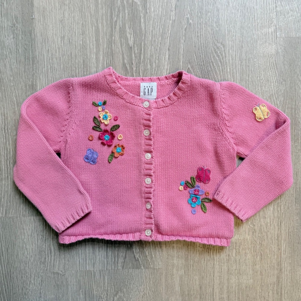 Vintage Baby Gap Pink Knit Cardigan Sweater Floral Butterfly Embroidered 3T